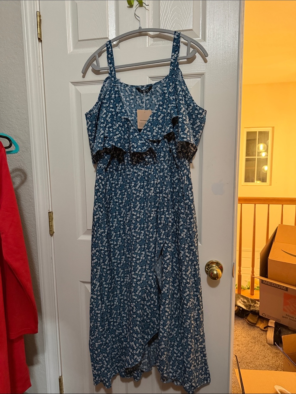 BloomChic Blue Floral Ruffle Midi Dress